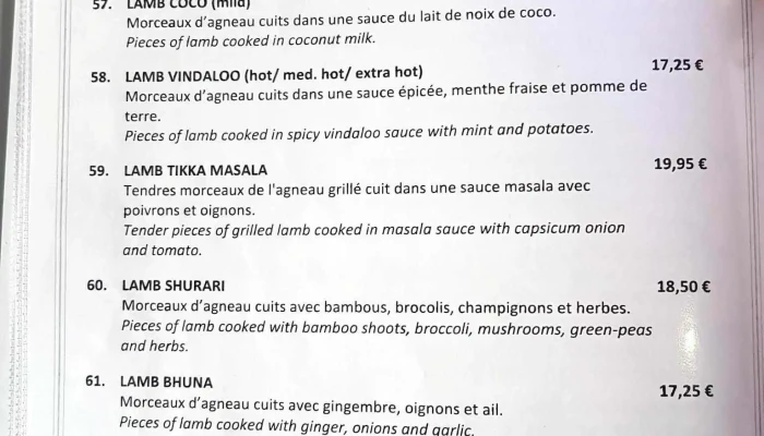 Restaurant Kripa -  Speisekarte - Luxemburg