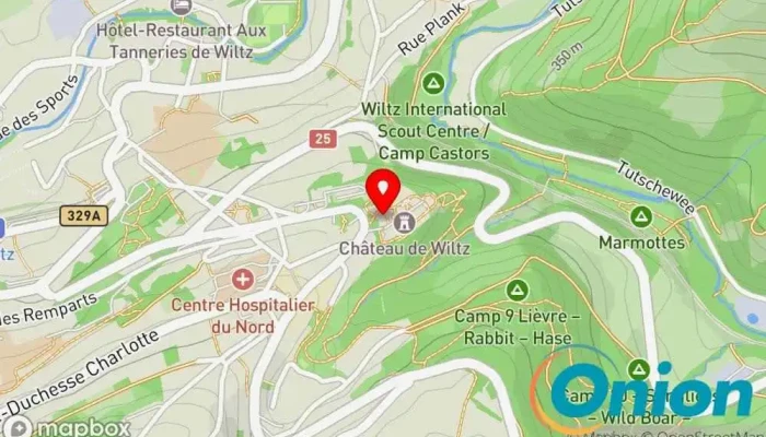 Kaart vun Scouts St Sébastien Wiltz Cottage, Vermietung von Hütten und Mobilheimen, Campingplatz, Festhalle zu Wiltz