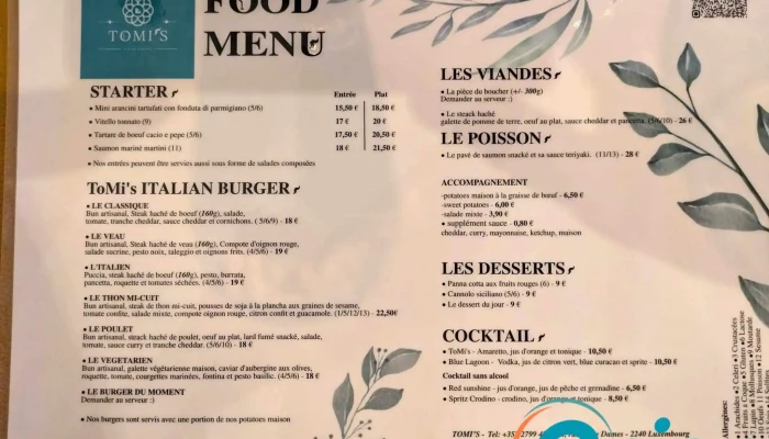 Tomis Italian Burger Speisekarte - Luxemburg